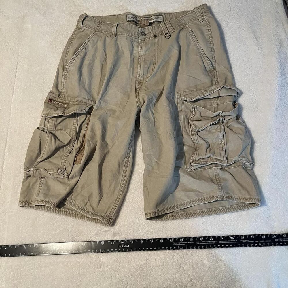 Ecko Unltd Cargo Shorts Mens Size 34 Beige Cotton Canvas 11in Relaxed Fit READ*